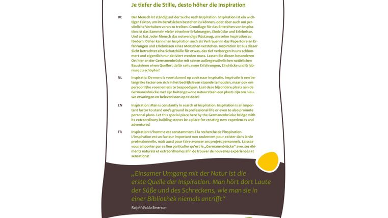 Ein Informationsblatt mit dem Titel "Inspiration - Germanenbrücke". Es enthält Zitate und Gedanken zur Natur und Inspiration.