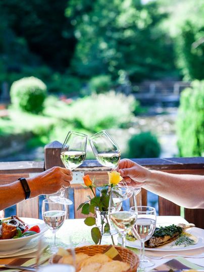 Ein gedeckter Tisch im Freien mit zwei Personen, die mit Gläsern anstoßen. Hintergrund mit grüner Natur und einem kleinen Gewässer.