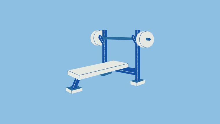 A simple bench with weights on a blue background. It is ideal for strength training and bodybuilding.