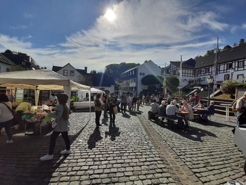 Een drukke markt met veel mensen en kraampjes. De zon schijnt boven de historische architectuur op de achtergrond.