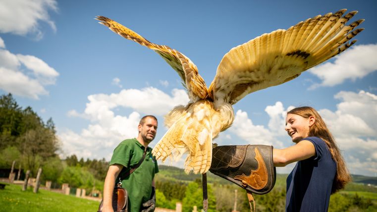 Een man en een vrouw staan buiten terwijl een vliegend dier boven hen vliegt. De zon schijnt en op de achtergrond zijn bomen en een blauwe lucht te zien.