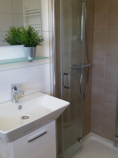 Ein modernes Badezimmer mit einer Dusche und einem Waschbecken. Eine grüne Pflanze dekoriert den Raum.