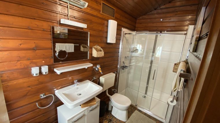 Ein modernes Badezimmer mit Holzverkleidung. Es verfügt über eine Dusche, ein Waschbecken und eine Toilette.