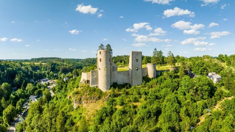 Eine beeindruckende Burgruine auf einem Hügel, umgeben von grünen Wäldern. Der Himmel ist klar mit einigen Wolken.