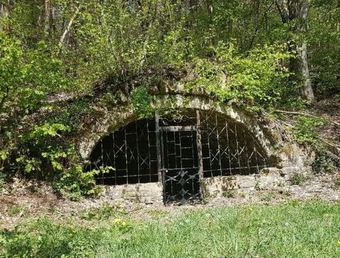Ein alter, bogenförmiger Eingang mit einem Gittertor, umgeben von üppigem Grün. Die Anlage liegt in einer bewaldeten Umgebung und wirkt geheimnisvoll.