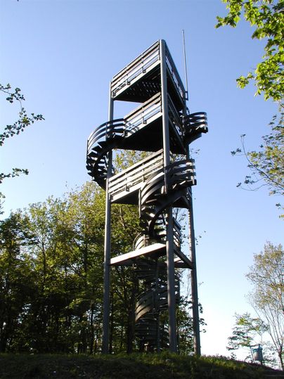 Ein Aussichtsturm aus Metall mit einer spiralförmigen Treppe. Umgeben von grünen Bäumen und klarem blauen Himmel.