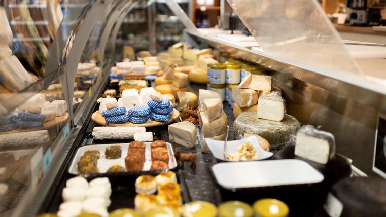 A cheese counter with a variety of cheese types. The selection includes different textures and colors.