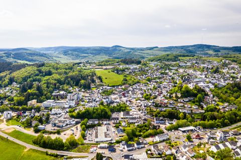 Eine malerische Stadt umgeben von grünen Hügeln und Wäldern. Die Häuser sind in einer sanften Landschaft angeordnet, mit Feldern und Straßen in der Nähe.