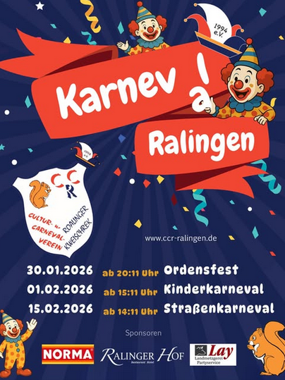 Een kleurrijke carnavalswedstrijd in Ralinge met vrolijke clownes en feestelijke kleuren. Het evenement vindt plaats gedurende meerdere dagen, te beginnen op 30 januari 2026.