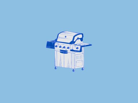 Ein Grill in blauer Farbe mit mehreren Brennern und einer Arbeitsfläche. Er steht auf Rädern und hat einen Deckel.