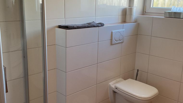 A modern bathroom with a shower and a toilet. The walls are tiled and there is a window that provides natural light.