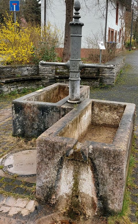 Eine alte, steinerne Brunnenanlage mit zwei Becken und einem Metallrohr. Die Umgebung ist grün und ländlich.