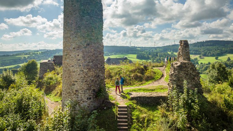 Een oude ruïne met een stenen toren in een groene landschap. Op de achtergrond zijn zachte heuvels en enkele wolken aan de blauwe lucht te zien.