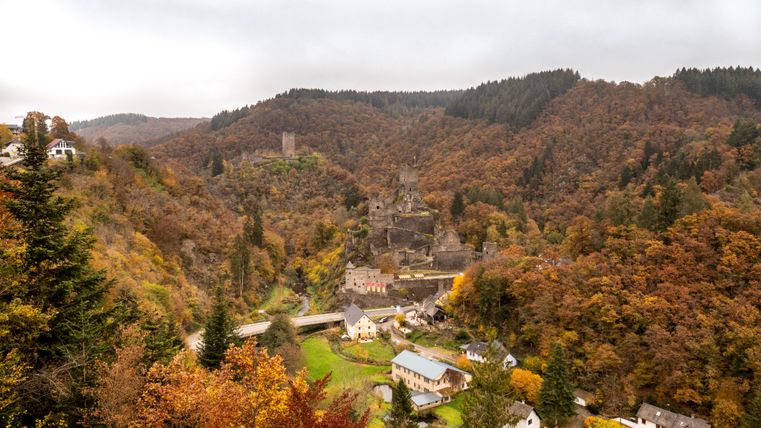 Een schilderachtig landschap met herfstige bossen en een klein dorp in de vallei. Op de achtergrond zijn heuvels en de ruïnes van een oud kasteel te zien.