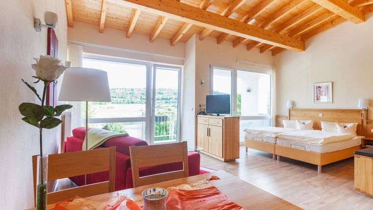 Ein gemütliches Zimmer mit Holzdecke und großen Fenstern bietet Blick auf die Natur. Der Raum ist modern eingerichtet mit einem Essbereich und einem Bett.