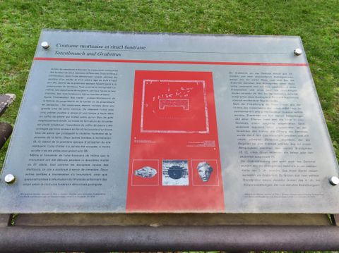 Ein Informationsschild auf einer grünen Wiese. Es enthält Text und Abbildungen zu einem historischen Thema.