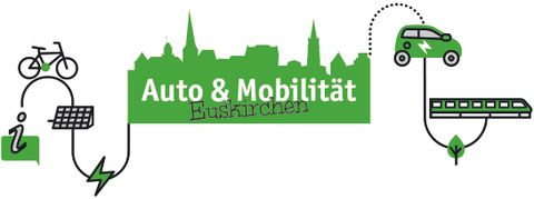 Logo met fiets, E-auto en trein