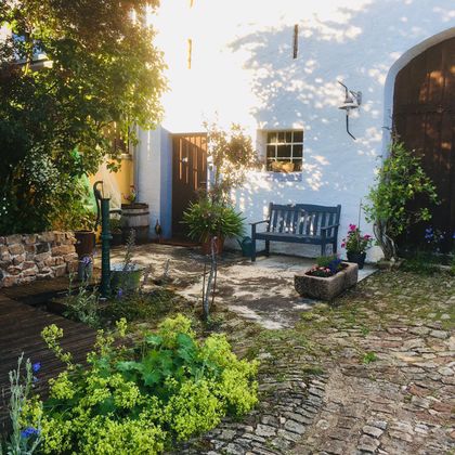 Ein schöner Innenhof mit alten Pflastersteinen und üppigen Pflanzen. Eine gemütliche Bank und blühende Kübelpflanzen sorgen für eine einladende Atmosphäre.