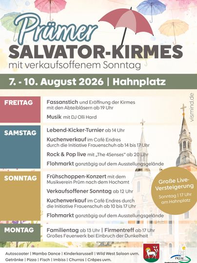 Ein Plakat zur Salvator-Kirmes mit Informationen zu den Veranstaltungen vom 7. bis 10. August 2026. Es zeigt verschiedene Programmpunkte und Aktivitäten an jedem Tag.