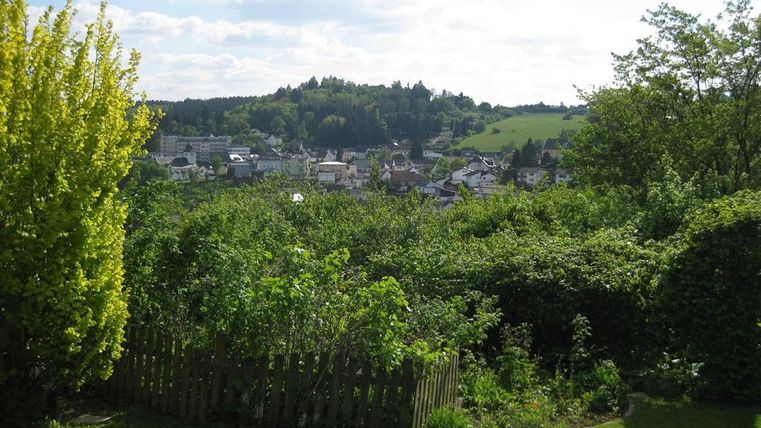 Een groen landschap met uitzicht op een klein dorp en zachte heuvels op de achtergrond. De afbeelding toont een rustige, natuurvriendelijke omgeving.