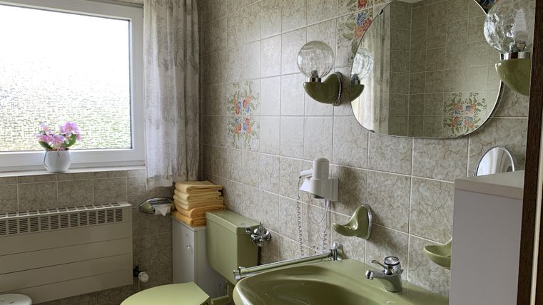 Ein helles Badezimmer mit grünen Sanitäranlagen und einer großen Fensterscheibe. Blumen in einem Topf und Handtücher sind ebenfalls sichtbar.