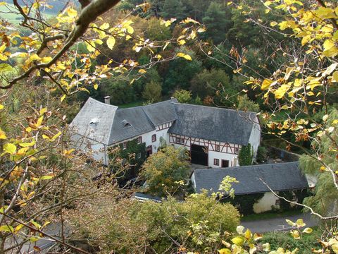 Die Nohner Mühle, ein traditionelles Fachwerkgebäude, umgeben von herbstlichen Bäumen, aus der Vogelperspektive aufgenommen.