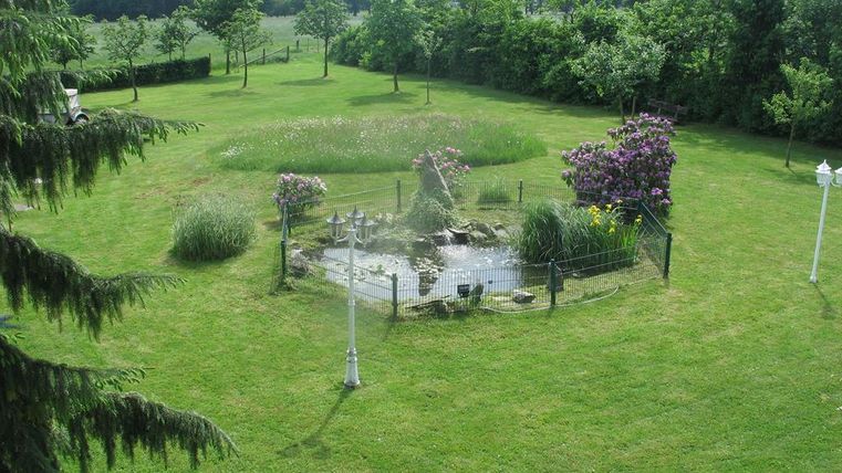 Eine grüne Wiese mit Bäumen und Sträuchern. Im Zentrum befindet sich ein kleiner Teich mit Felsen.