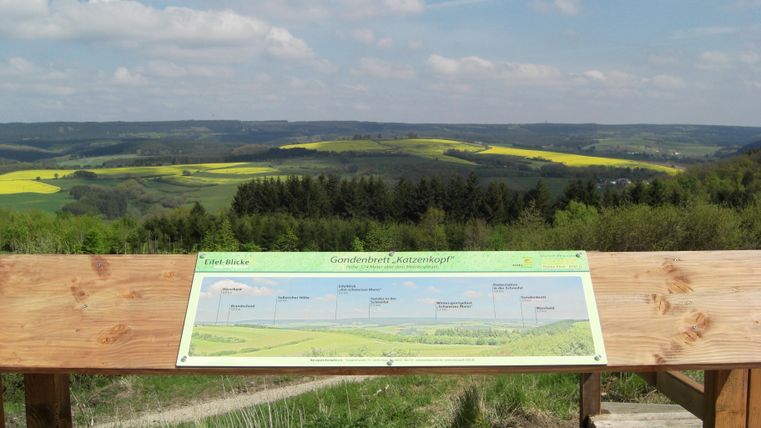 A viewpoint panel stands at a lookout point overlooking green fields and forests. The sky is clear with a few clouds.