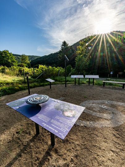 Ein Aussichtsplatz in der Natur mit Informationstafeln und einem Sonnenschein im Hintergrund. Der Tisch hat eine runde Skulptur und liegt auf einer sandigen Fläche.