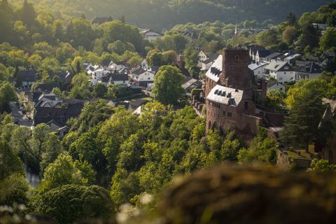 Eine malerische Landschaft mit einer Burg und kleinen, weißen Häusern. Umgeben von grünen Bäumen und sanften Hügeln.
