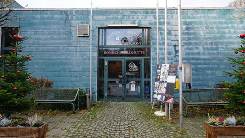 A blue building with a glass entrance door. In front of the building, there are Christmas trees and an information board.
