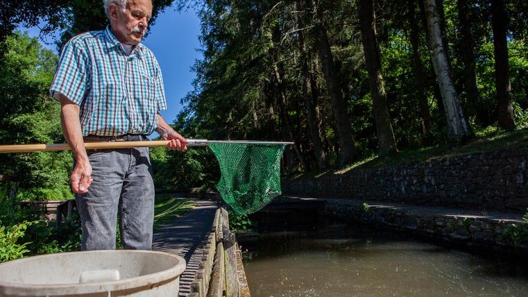 Ein älterer Mann steht am Ufer eines Kanals und hält ein Netz in der Hand. Im Hintergrund sind Bäume und ein klarer Himmel zu sehen.