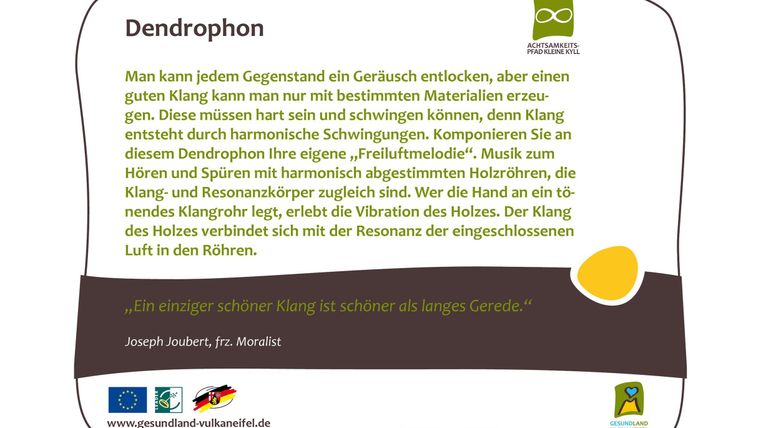 Ein informatives Schild über das Dendrophon, das die Möglichkeiten der Klangerzeugung mit Holzrohren beschreibt. Es enthält Zitate und Informationen zur harmonischen Schwingung und Resonanz.