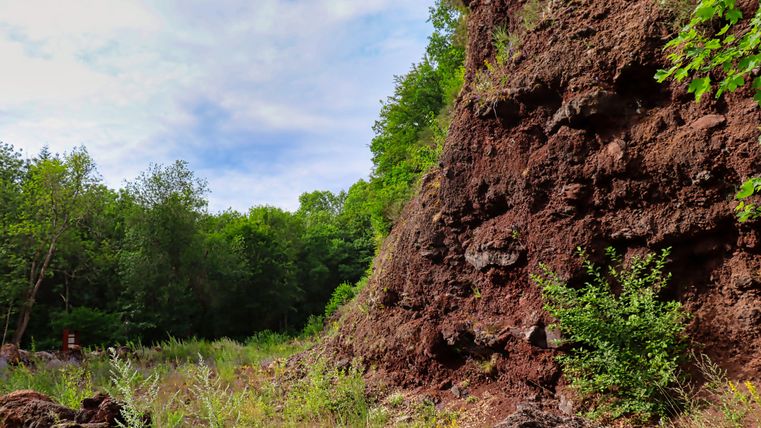Eine steile, erodierte Felswand umgeben von grünen Pflanzen und Bäumen. Der Himmel ist teils bewölkt, was eine ruhige Atmosphäre schafft.