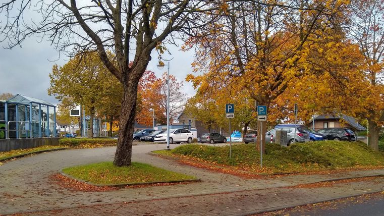 A quiet park road with colorful autumn trees. Cars are parked in a nearby parking lot.