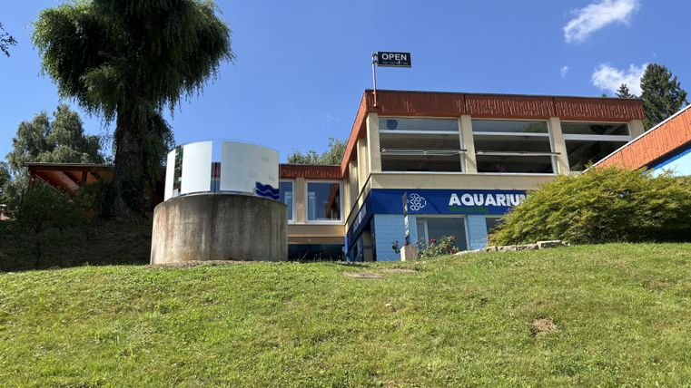 A modern building with the sign "OPEN" and the inscription "AQUARIUM". It is situated on a grassy hill under a blue sky with some clouds.