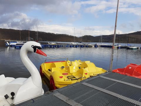 Ein Schwanspaßboot und ein gelbes Boot liegen am Ufer eines ruhigen Gewässers. Im Hintergrund sind weitere Boote und eine bewölkte Himmelslandschaft zu sehen.