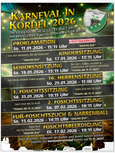 Ein Plakat für den Karneval in Kordel 2026. Es enthält Informationen zu verschiedenen Veranstaltungen, einschließlich Proklamation, Kindersitzung und weiteren Sitzungen.