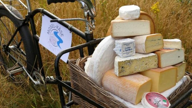 A bicycle with a basket full of various cheese pieces stands in a field. The bicycle has a sign that reads "Musselkäse".