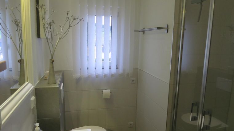 Een moderne badkamer met een douche en een grote spiegel. Het raam met gordijnen laat natuurlijk licht binnen.