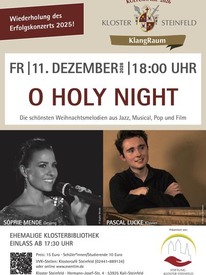 Een poster voor een kerstconcert met de titel „O Holy Night“. De voorstelling vindt plaats op 19 december om 18:00 uur en presenteert kerstmelodieën uit jazz, musical, pop en film.