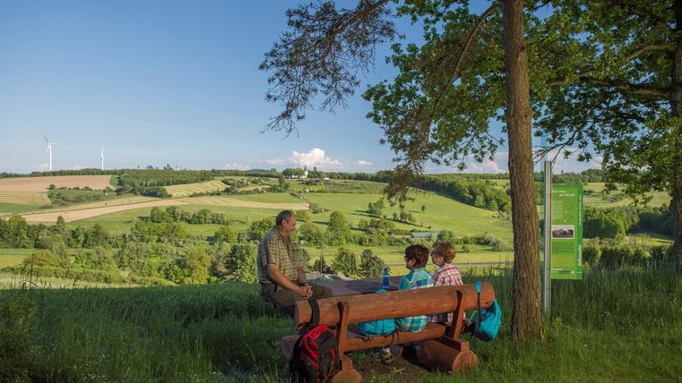 A group of people is sitting at a table outdoors, enjoying the view of a green hilly landscape. In the background, wind turbines and a clear blue sky can be seen.