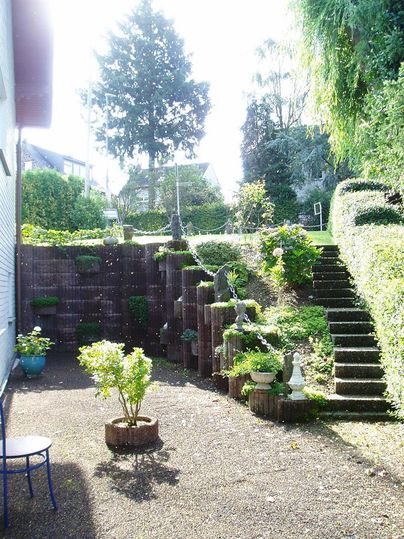 Ein gepflegter Garten mit gestuften Terrassen und verschiedenen Pflanzen. Im Hintergrund sind Treppen und ein helles, sonniges Ambiente zu sehen.