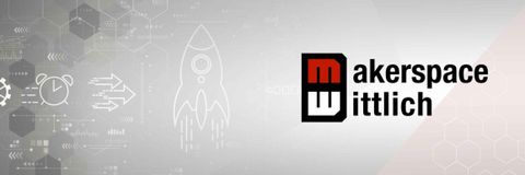 Ein modernes Design für einen Makerspace mit dem Namen „Makerspace Bittlich“. Die Grafik zeigt Symbole für Technologie und Kreativität, darunter eine Rakete.