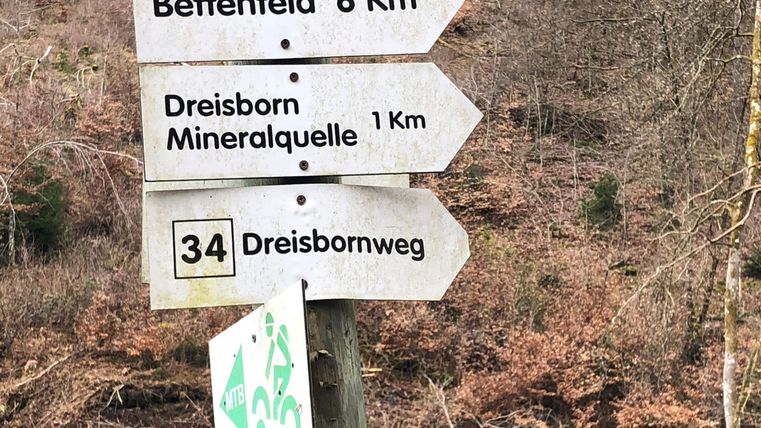 Ein Wegweiser mit Informationen über die Entfernung zu den Zielen Bettenfeld und Dreisborn. Der Weg führt entlang des Dreisbornweges.