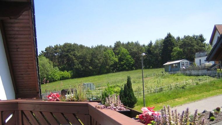 Een rustige landschap met groene weilanden en bomen onder een blauwe lucht. Op de voorgrond bloeien kleurrijke bloemen.