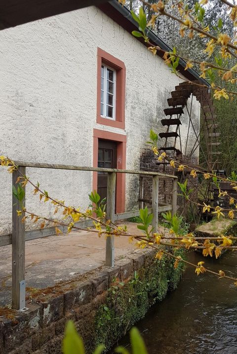 Ein altes Gebäude mit einer Holzbalustrade und einer Mühle neben einem klaren Wasserlauf. Die Umgebung ist grün und blüht im Frühling.
