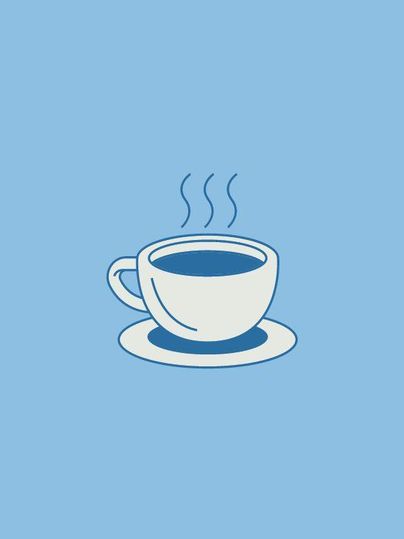 A white cup with steaming coffee on a blue background. The cup is on a small saucer.