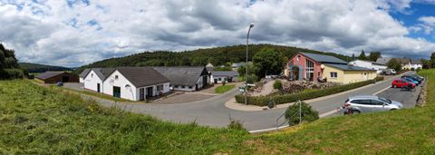 Panorama of the rural area surrounding the Gröner Hof with several buildings, a road, and parked cars. In the background, forested hills can be seen.