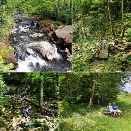 A beautiful natural landscape with a babbling brook and lush greenery. People enjoy the surroundings while hiking and relaxing on a bench.